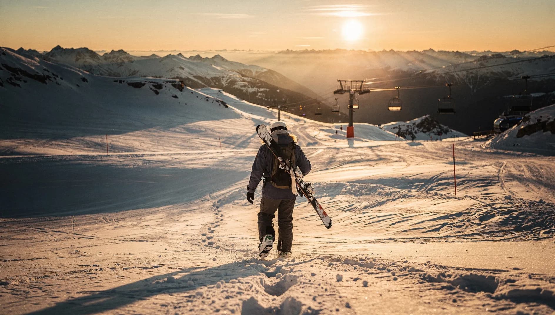 Skifahrer geht mit geschulterten Ski zur Bahn